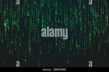 Binary matrix background. Green falling digits. Running bright numbers. Abstract data stream. Futuristic code backdrop. Cyber system concept. Vector Stock Vector