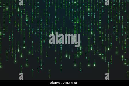 Binary matrix background. Falling random numbers on dark backdrop. Running bright code. Futuristic data concept. Abstract green digits. Vector Stock Vector