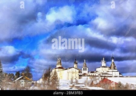 Winter view on russian monastery colorful painting looks like picture, Ferapontovo, Vologda region, Russia Stock Photo