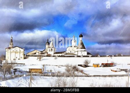 Winter view on russian monastery colorful painting looks like picture, Ferapontovo, Vologda region, Russia Stock Photo