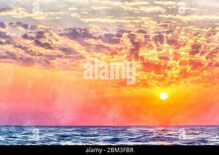 Colorful sunset over the sea with golden sky colorful painting looks like picture Stock Photo