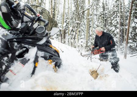 Retired elderly man using chainsaw to clear trails while snowmobiling. Stock Photo