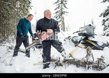 Retired man and son using chainsaw to clear trails while snowmobiling. Stock Photo
