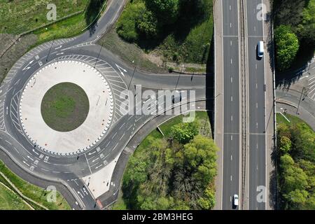 Aerial drone overhead view of UK roundabout and motorway Stock Photo