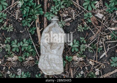 Old aged plastic bottle garbage on ground in green grass. Trash litter dump in forest park. Ecological environmental world nature problem concept. Stock Photo