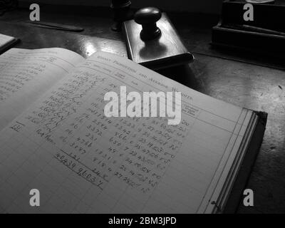 Book of weekly cloth production and average weights ledger, Victorian cotton mill, Manchester, Cottonopolis Stock Photo