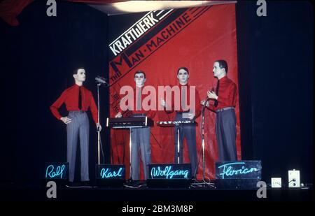 Kraftwerk mannequins onstage at a promo party for the album The Man-Machine, in New York City in April, 1978. Stock Photo