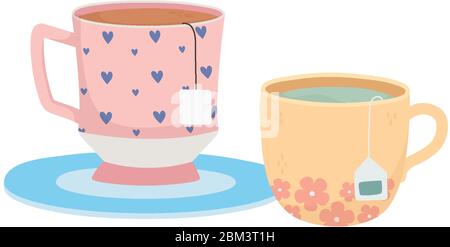 tea time, cups with tea bags beverage herbal design vector illustration Stock Vector