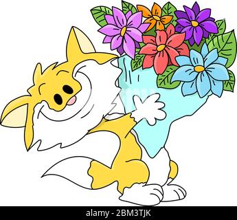 Cartoon cat holding a bouquet of flowers vector illustration Stock Vector