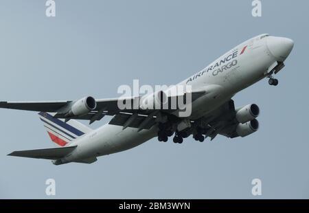 F-GIUD, a Boeing 747-428F operated by Air France Cargo, at Prestwick International Airport in Ayrshire. Stock Photo