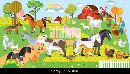 Farm animals vector cartoon illustration in flat style. Vector horizontal set of funny cute animals on farm. Great for printed products and souvenirs. Stock Vector