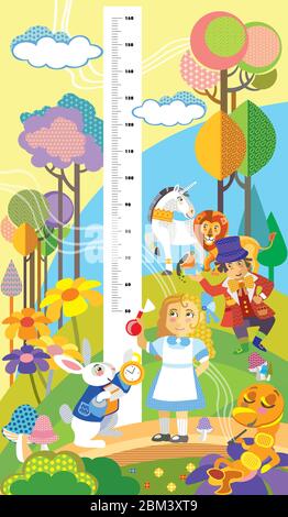 Height meter with Alice in Wonderland characters vector cartoon illustration in flat style. Vector vertical scale measurement for children. Great for Stock Vector