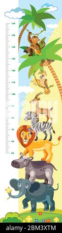 Height meter with pyramid of African animals vector cartoon illustration in flat style. Vector vertical scale measurement with cute wild animals for c Stock Vector