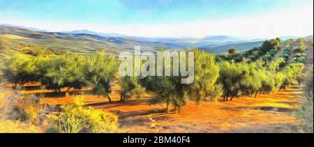 Landscape with old olives colorful painting looks like picture, Andalusia, Spain Stock Photo