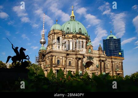 View of the Berliner Dom ( Berlin Cathedral) and tv tower  Berlin Alexanderplatz on sunny day with blue sky Stock Photo