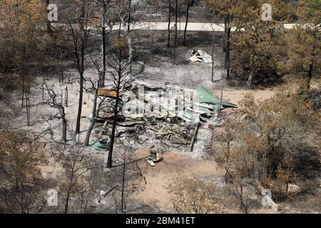 Bastrop County Texas USA, September 2011: Aerial of fire damage where wildfires last week claimed 38,000 acres and over 1,500 homes with two deaths reported.  ©Bob Daemmrich Stock Photo