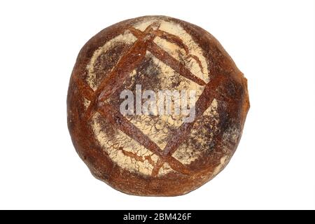 A large round loaf of miche bread from Amys Bread, New York, isolated on a white background. cutout image for illustration and editorial use. Stock Photo