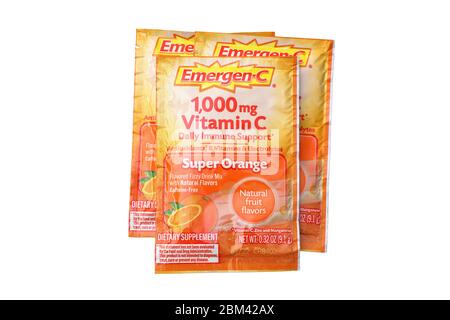Packages of 1000mg Emergen-C Vitamin C dietary supplement isolated on a white background. cutout image for illustration and editorial use. Stock Photo