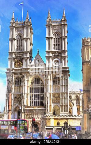 Westminster Abbey colorful painting looks like picture, London, UK Stock Photo