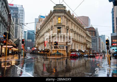 Old Bank Arcade, Lambton Quay, Wellington, New Zealand in rainy weather in winter
