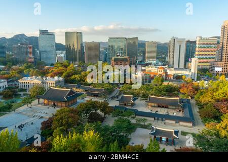 View of Deoksugung Palace and skyline in Seoul Stock Photo