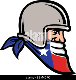 Mascot icon illustration of head of a Texan bandit, outlaw biker wearing bandana or bandanna and motorbike helmet with Texas Lone Star flag viewed fro Stock Vector