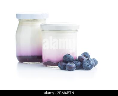 White fruity yogurt in jar and blueberries isolated on white background. Stock Photo