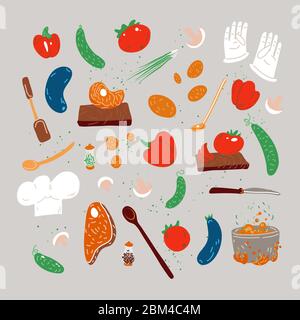 Vector cartoon hand drawn cook set with cooking utensils and food isolated on gray background. Vegetables, meat, and cook accessories in one cooker Stock Vector