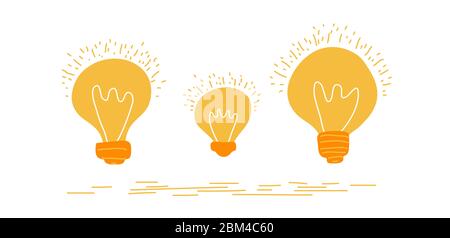 Set of hand drawn light glowing bulbs isolated on white background. Trendy flat vector light bulb icons with idea concept Stock Vector