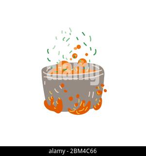 Vector cartoon illustration of saucepan on gas fire with soup, vegetables and spices inside, isolated on white background. Cook in pot vector icon Stock Vector