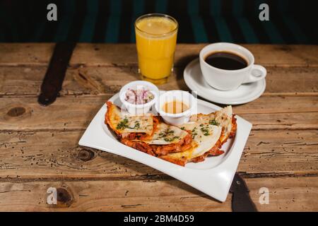 quesadillas and coffee with orange juice mexican breakfast Stock Photo