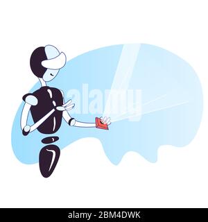 Vector cartoon illustration of Artificial Intelligence robot scanning empty space with device, showing on it. Robot android vector concept. Stock Vector