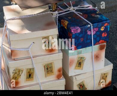vintage retro gift boxes one on top of another, colorful and simple Stock Photo