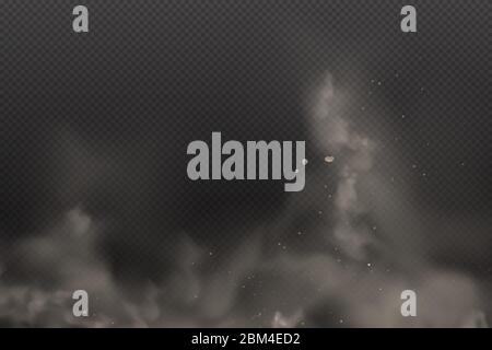 3d Yellow and Browon Dust on Vector Dark Transparent Background. Dust Dirty Cloud Particles in the Air pollution and Smoke Gog. Explosion clouds in Stock Vector