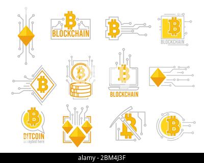 Blockchain and bitcoin banners, cryptocurrency collection digital finances Stock Vector