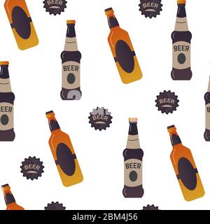 Beer bottles, alcoholic beverages with emblems seamless pattern Stock Vector