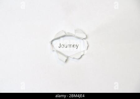 Word journey on white isolated background, the inscription through the wound hole in the paper. Stock photo for web and print with empty space for text and design. Stock Photo