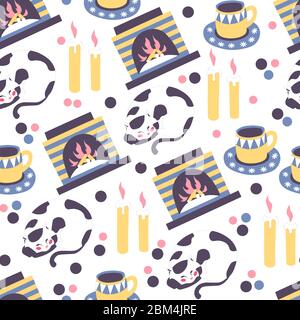 Home comfort, cat and fireplace flame seamless pattern Stock Vector