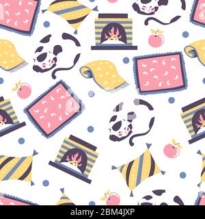 Sleeping cat and blanket, fireplace seamless pattern vector Stock Vector
