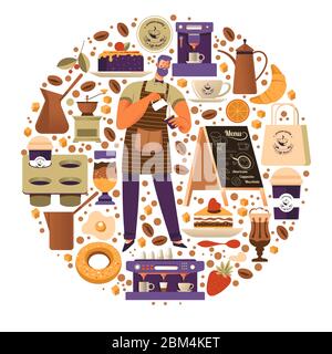 Coffee shop with barista making beverage round banner Stock Vector