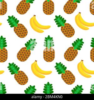 Pineapple and banana, tropical and exotic fruits seamless pattern Stock Vector