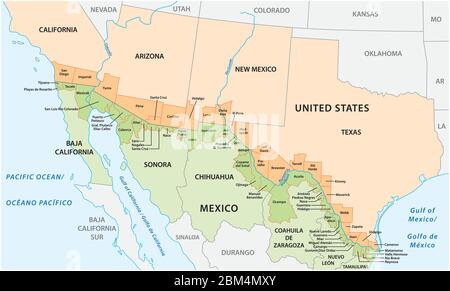 Vector map of the border districts in the United States and Mexico along the border Stock Vector