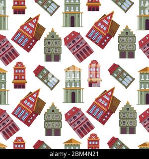 Houses and buildings exterior, old town seamless pattern Stock Vector