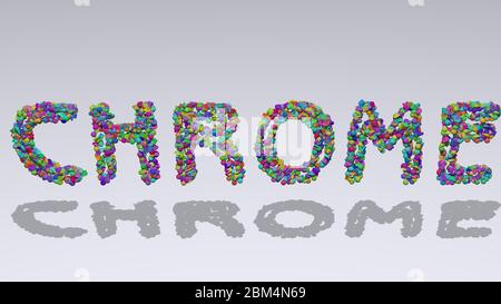 chrome written in 3D illustration by colorful small objects casting shadow on a white background Stock Photo