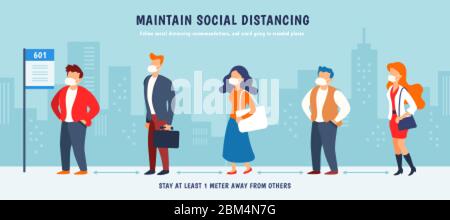 Practice social distancing to avoid COVID-19 infection, men and women waiting in line for bus and keep safe distance from one another Stock Vector