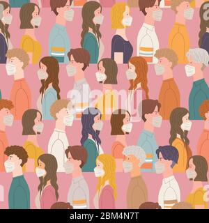 Group of people wearing face masks to protect themselves from COVID-19, flu, allergy, and air pollution, isolated on pink background Stock Vector