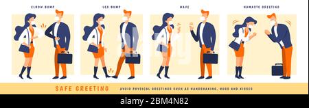 4 interesting greeting alternatives for COVID-19 prevention, including elbow bump, leg bump, wave and namaste greeting Stock Vector