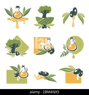 Olive tree, oil and branches with vegetables set Stock Vector