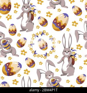 Easter rabbit carrying satchel full of flowers seamless pattern Stock Vector