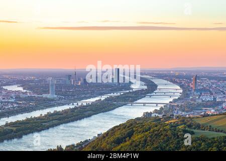 Vienna cityscape view during sunrise. Capital city of Austria in Europe. Panorama view from Leopoldsberg. Stock Photo